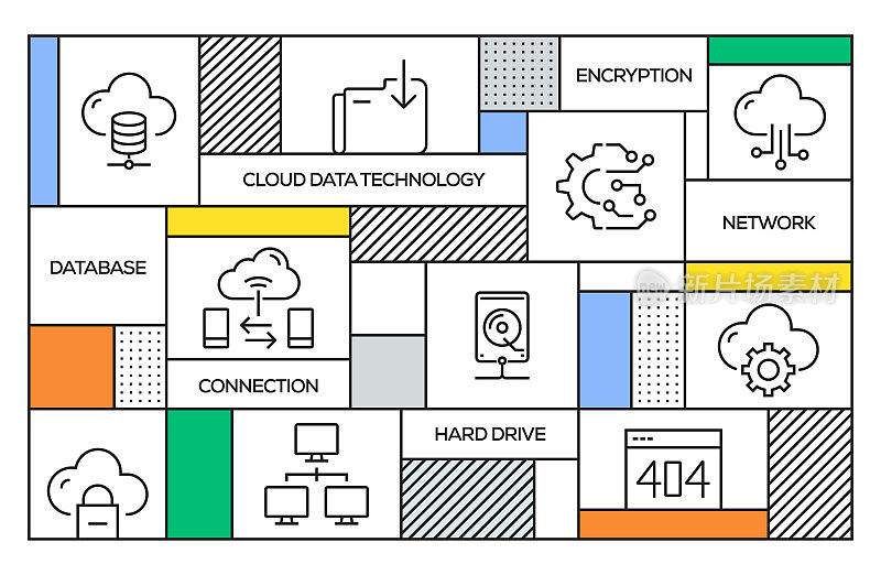 Cloud Data Technology Concept. Geometric Retro Style Banner and Poster Concept with Cloud Data Technology Line Icons